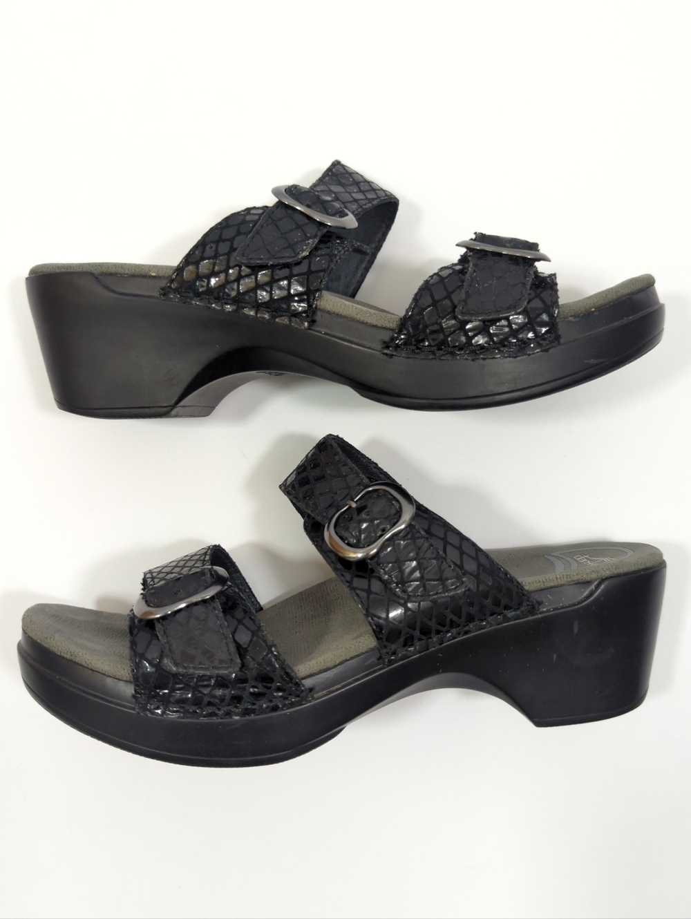 Dansko Sophie Python Platform Black Slide Sandals with Buckle Straps